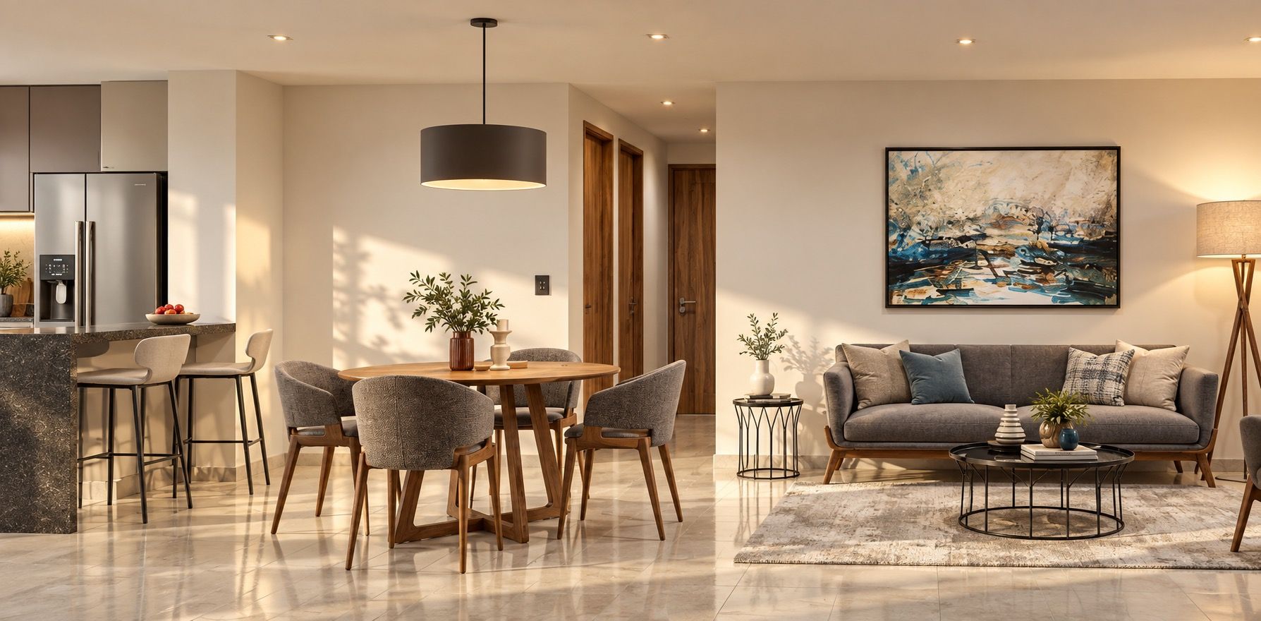 Estancia, comedor y cocina de un garden house en Álamos 147