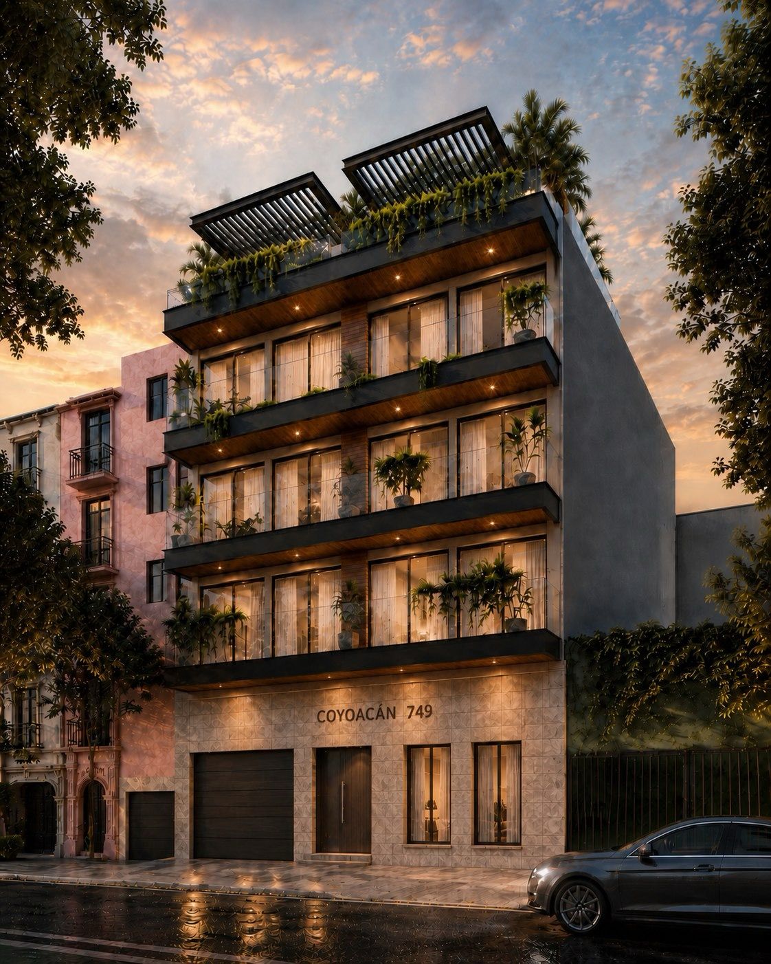 Fachada de Coyoacán 749 al atardecer