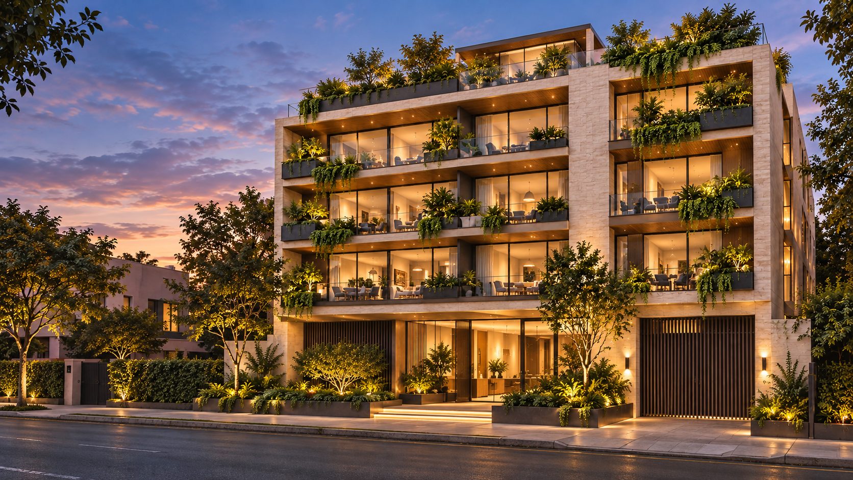 Edificio residencial Vivento al atardecer